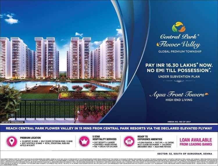 Pay INR 16.30 Lakhs now & no EMI till possession at Central Park Aqua Front Towers in Sohna Update